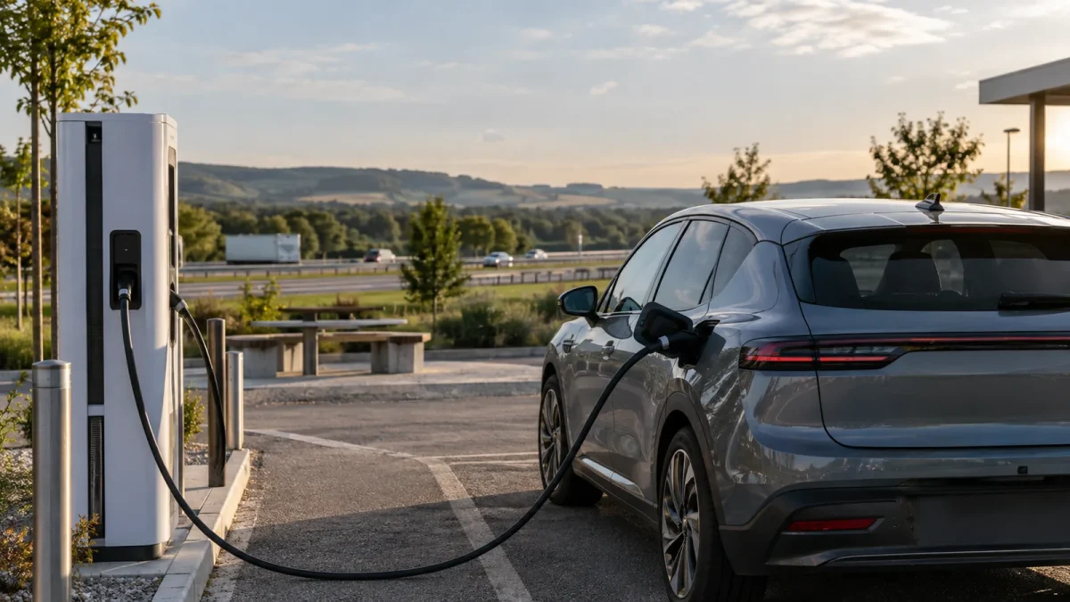 Une voiture électrique recharge sur une aire autoroutière calme.