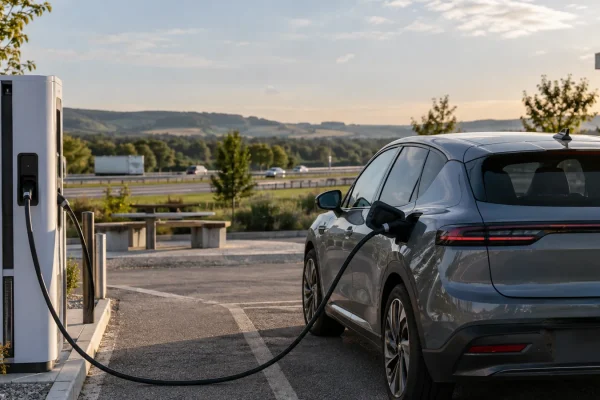 Une voiture électrique recharge sur une aire autoroutière calme.