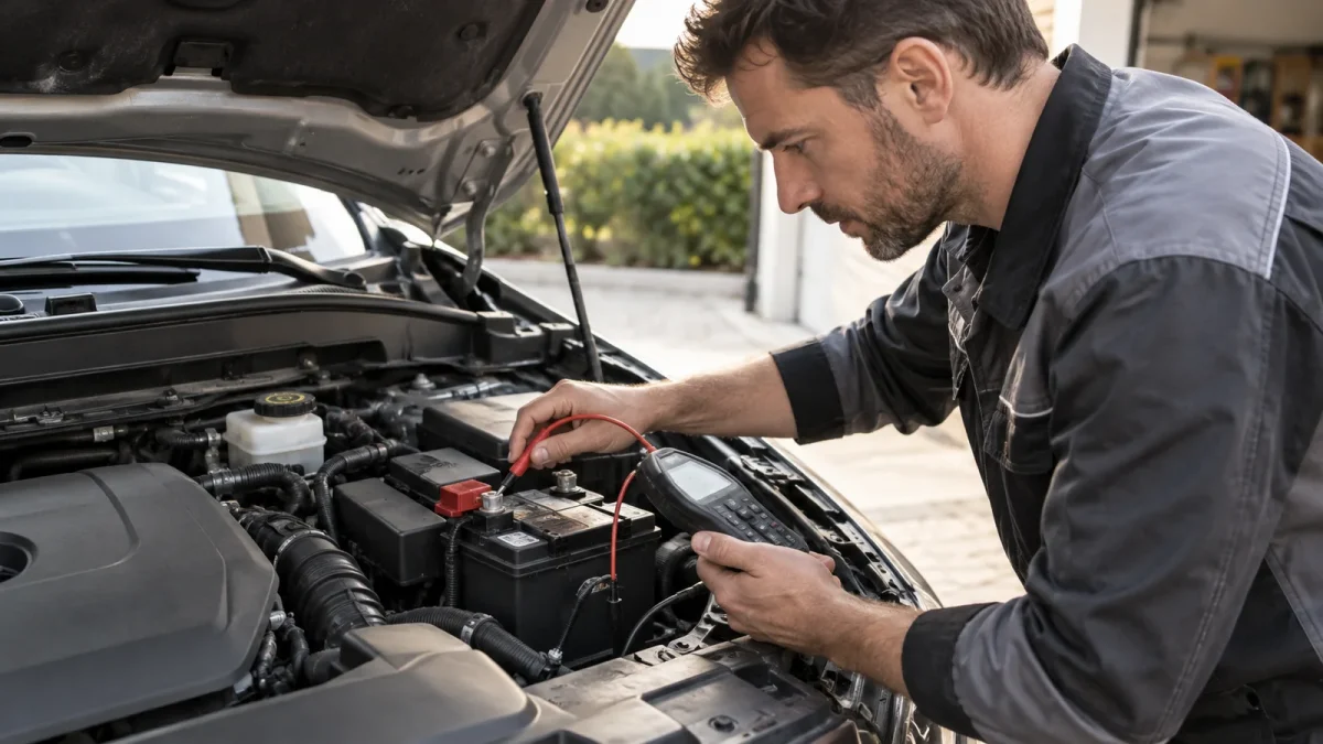 Un technicien contrôle une batterie automobile avec un testeur.