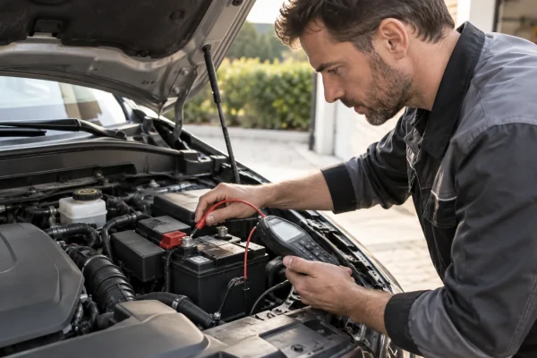 Un technicien contrôle une batterie automobile avec un testeur.