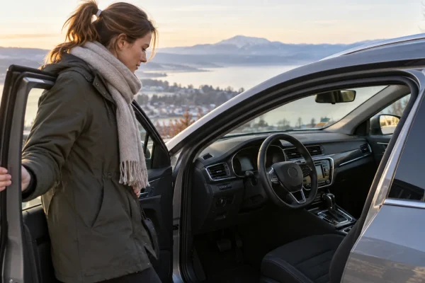 Une conductrice prépare un essai au volant d’une voiture automatique.