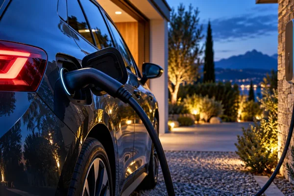 Recharge d’une voiture électrique à domicile — Illustration