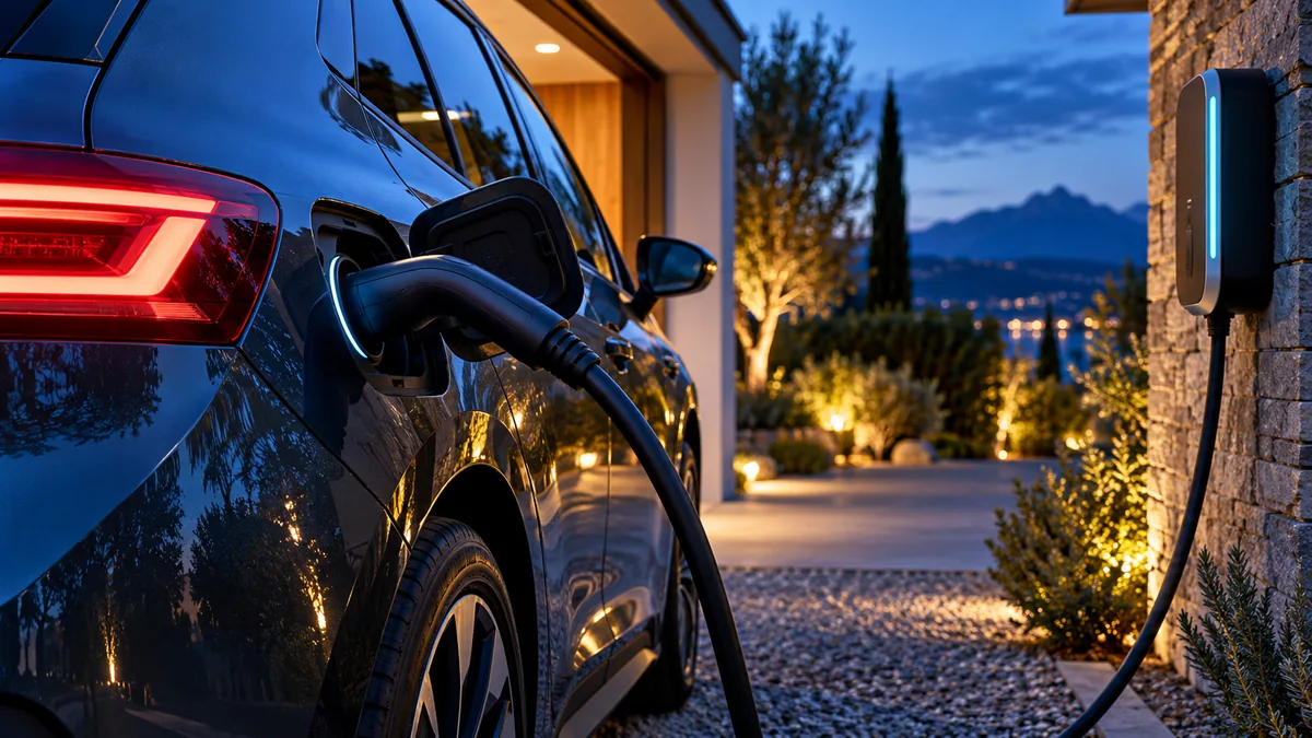 Recharge d’une voiture électrique à domicile — Illustration