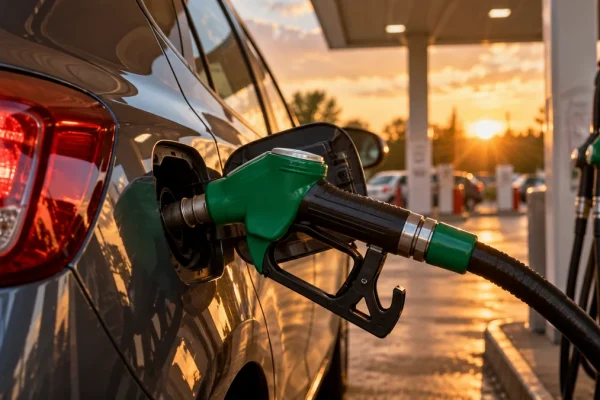 Pistolet de carburant sur une voiture dans une station-service