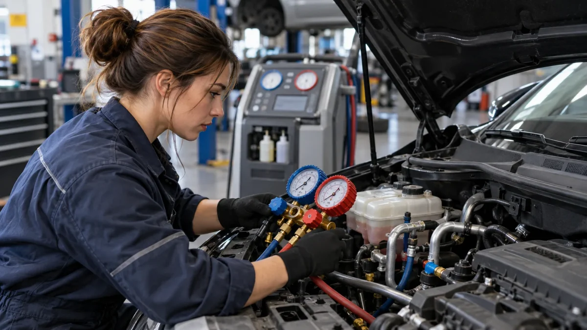 Une spécialiste contrôle la climatisation d’une voiture dans un atelier.