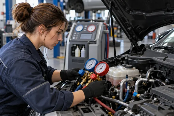Une spécialiste contrôle la climatisation d’une voiture dans un atelier.