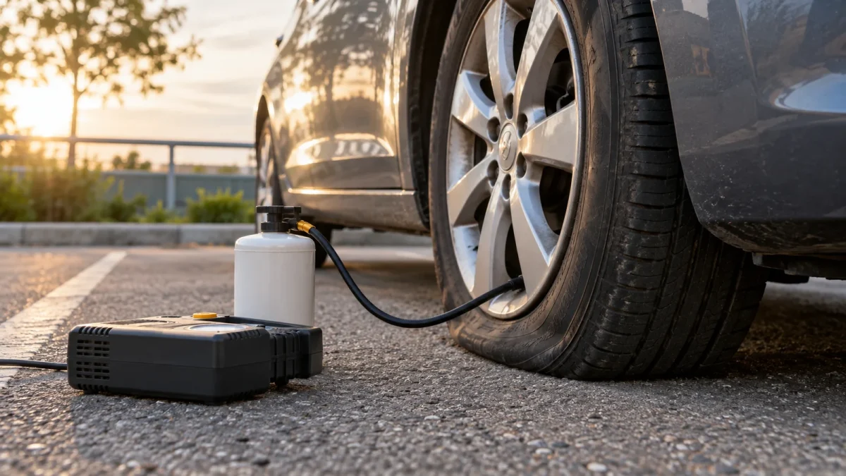 Un kit de gonflage et un pneu dégonflé sont visibles sur un parking sécurisé.