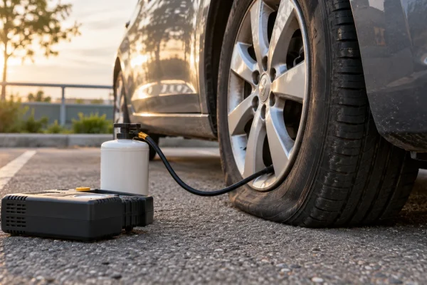 Un kit de gonflage et un pneu dégonflé sont visibles sur un parking sécurisé.