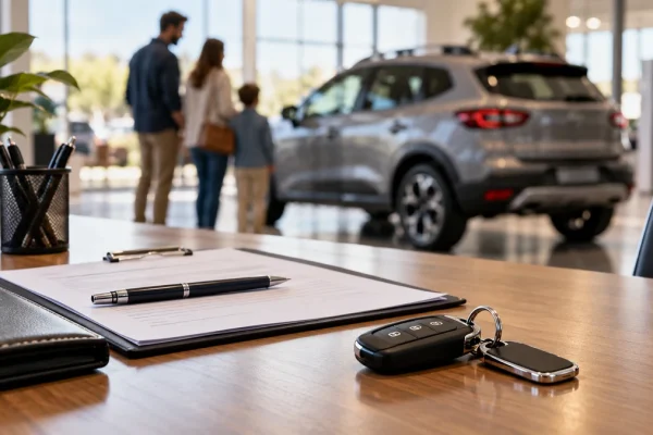 Clés de voiture et dossier d’achat devant un véhicule flou