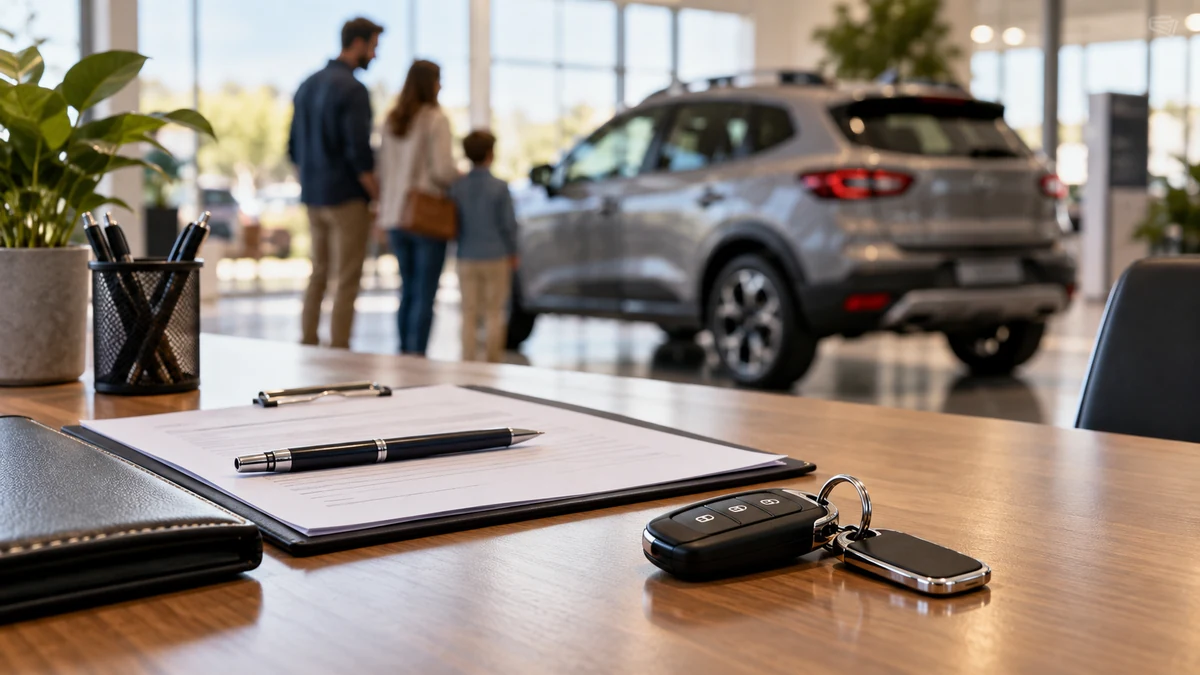 Clés de voiture et dossier d’achat devant un véhicule flou