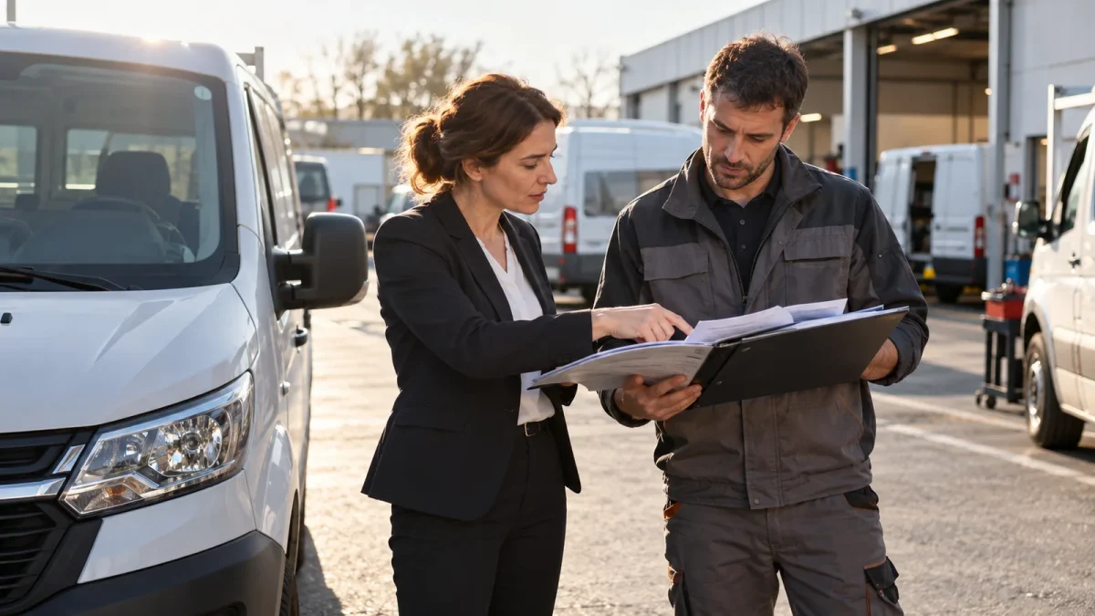 Une responsable et un technicien comparent des dossiers près de véhicules professionnels.