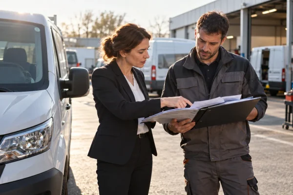 Une responsable et un technicien comparent des dossiers près de véhicules professionnels.