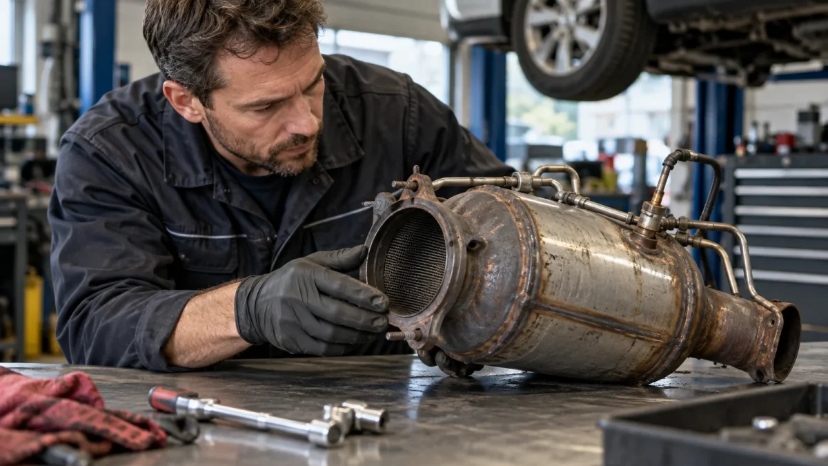 Un technicien examine un filtre à particules déposé sur un établi.