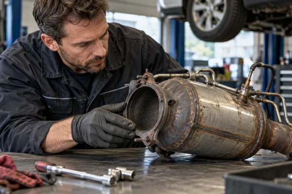 Un technicien examine un filtre à particules déposé sur un établi.