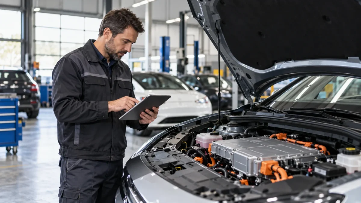 Un spécialiste examine une voiture électrique d’occasion avec une tablette.