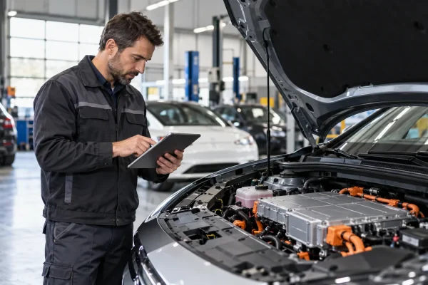 Un spécialiste examine une voiture électrique d’occasion avec une tablette.