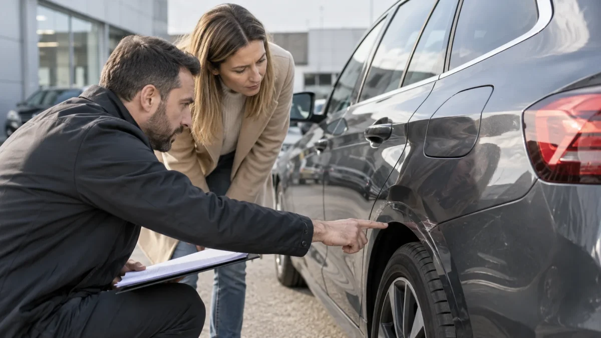 Deux personnes réalisent un état des lieux de carrosserie avec un dossier.