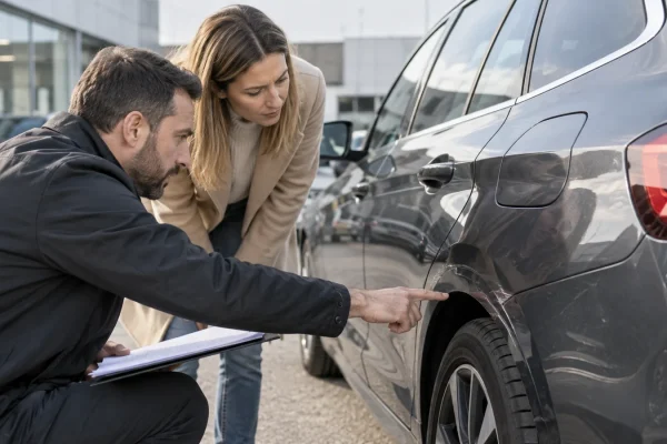 Deux personnes réalisent un état des lieux de carrosserie avec un dossier.
