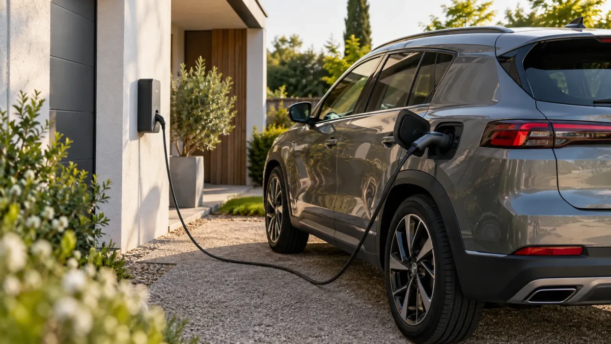 Une voiture hybride rechargeable est branchée devant une maison.