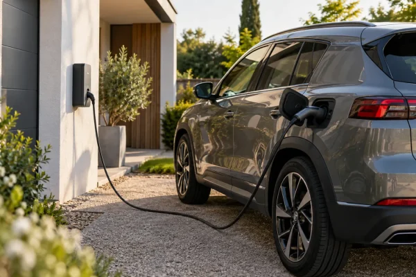 Une voiture hybride rechargeable est branchée devant une maison.