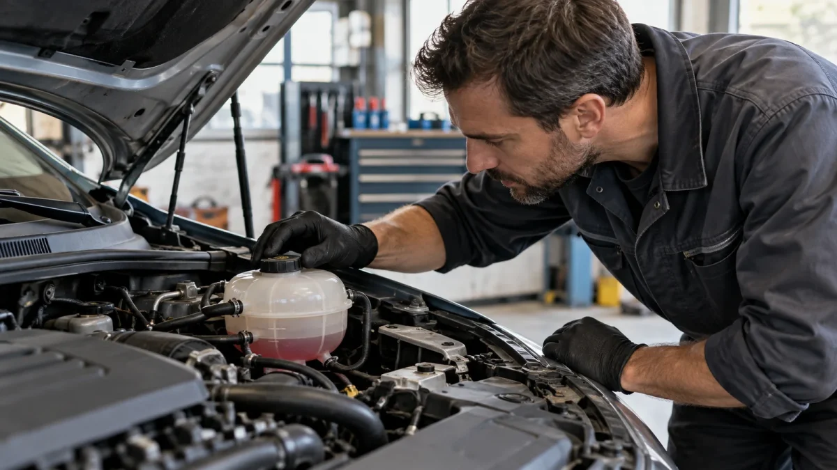Un mécanicien examine un vase d’expansion sur un moteur arrêté.