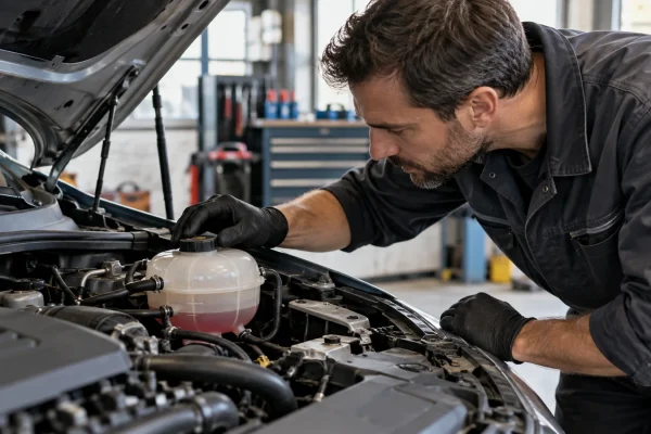 Un mécanicien examine un vase d’expansion sur un moteur arrêté.