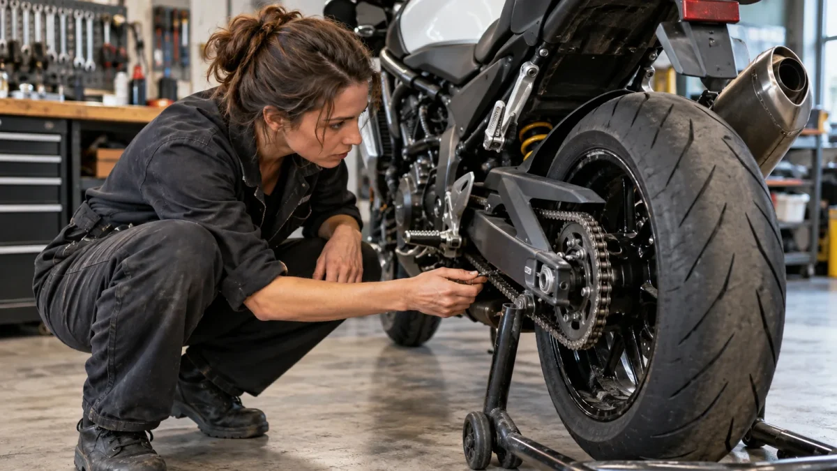 Une mécanicienne examine la chaîne et la roue arrière d’une moto stationnée.