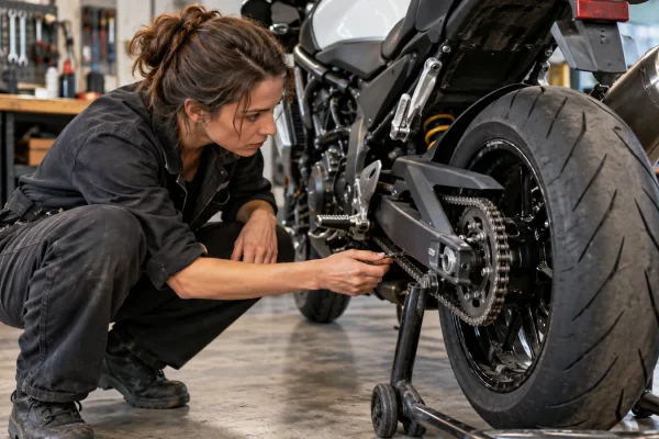 Une mécanicienne examine la chaîne et la roue arrière d’une moto stationnée.