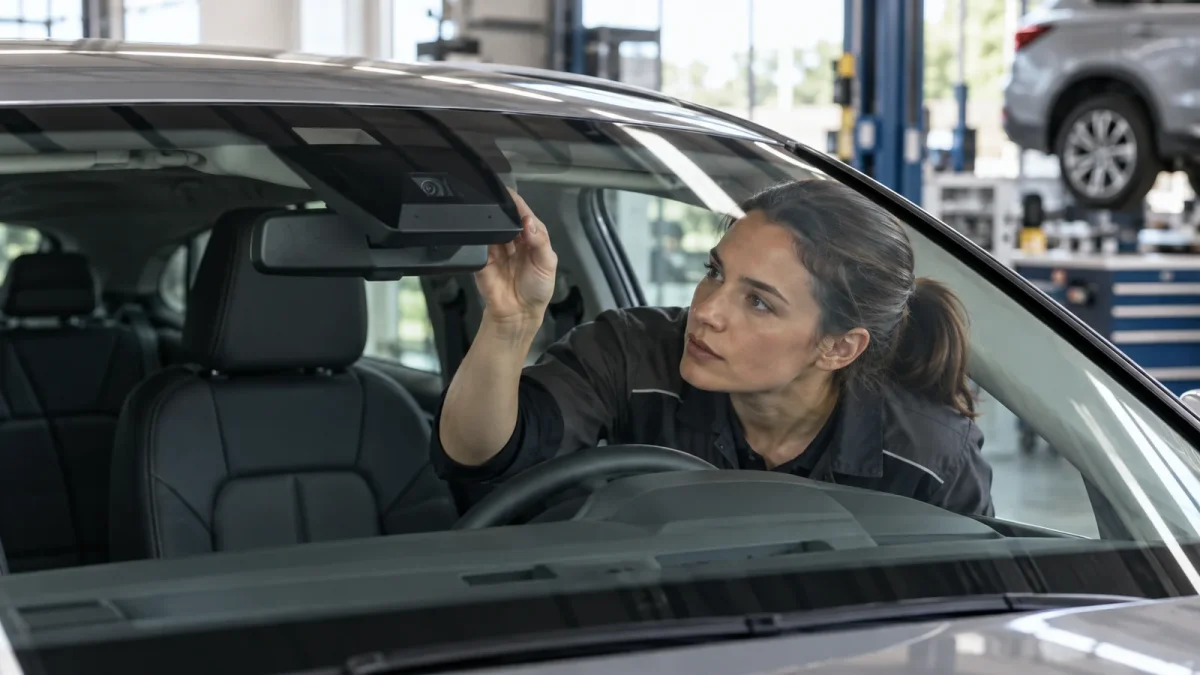 Une technicienne observe la caméra derrière le pare-brise d’une voiture.