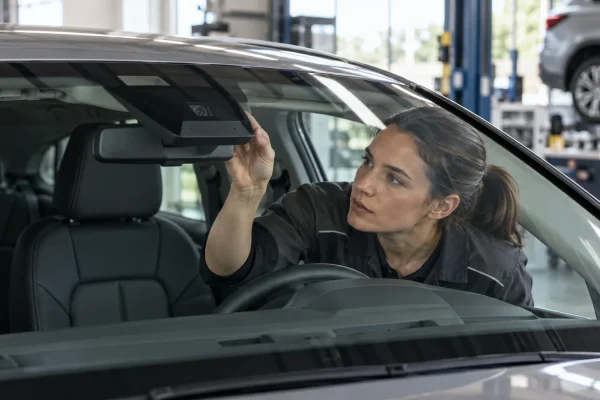 Une technicienne observe la caméra derrière le pare-brise d’une voiture.