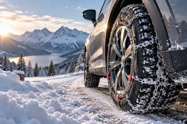 Pneu et équipement hivernal près d’une route de montagne