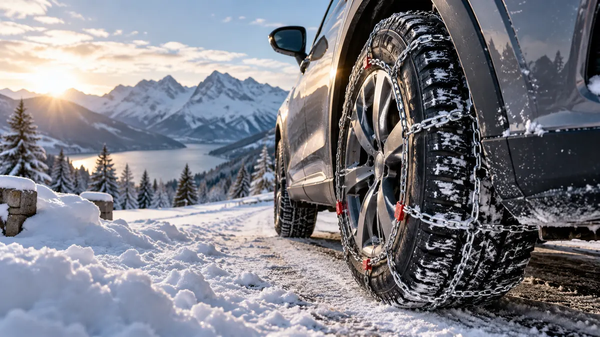 Pneu et équipement hivernal près d’une route de montagne