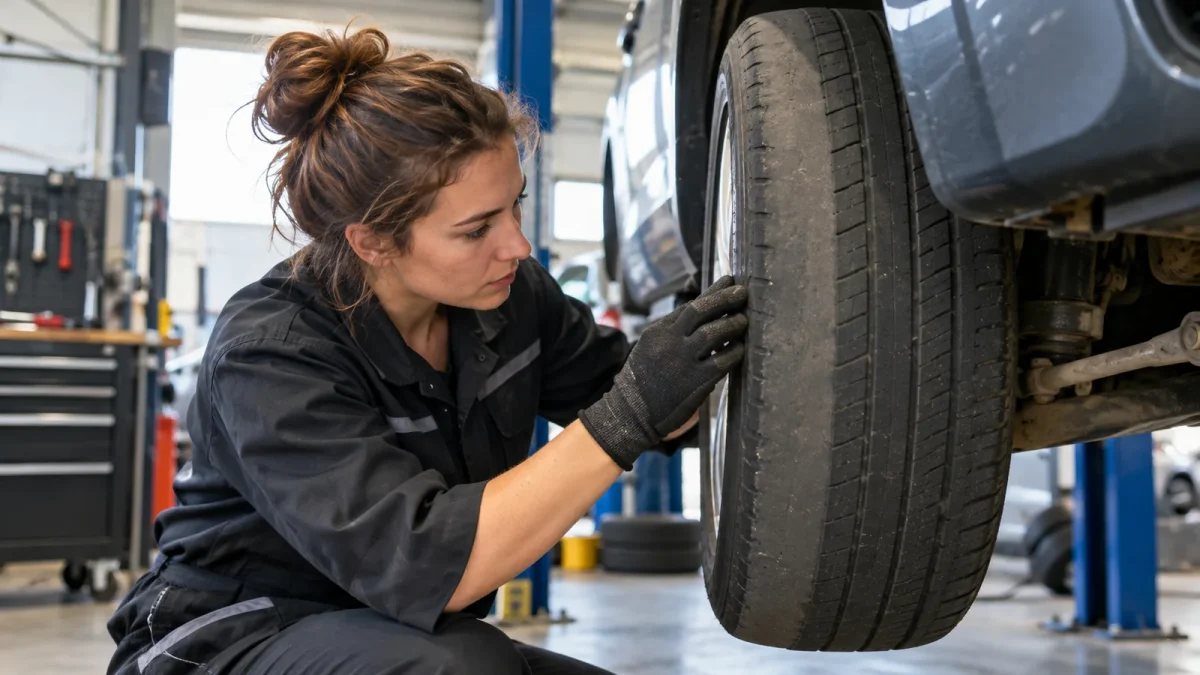 Une technicienne examine le bord usé d’un pneumatique dans un atelier.