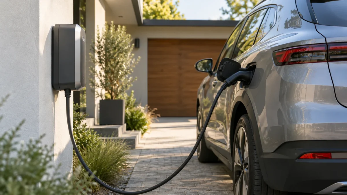 Une voiture électrique est branchée sur une borne dans une allée résidentielle.