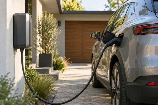 Une voiture électrique est branchée sur une borne dans une allée résidentielle.
