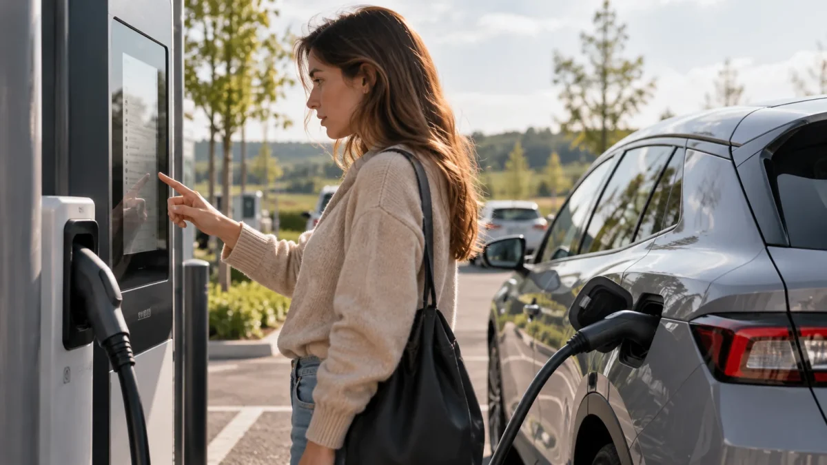 Une conductrice consulte le tarif d’une station de recharge près de sa voiture.