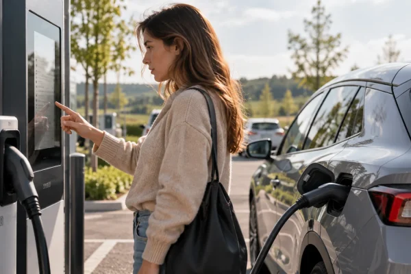Une conductrice consulte le tarif d’une station de recharge près de sa voiture.