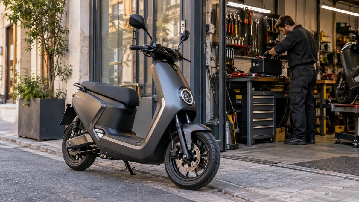 Un scooter électrique stationne devant un petit atelier urbain.