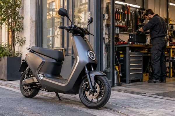 Un scooter électrique stationne devant un petit atelier urbain.