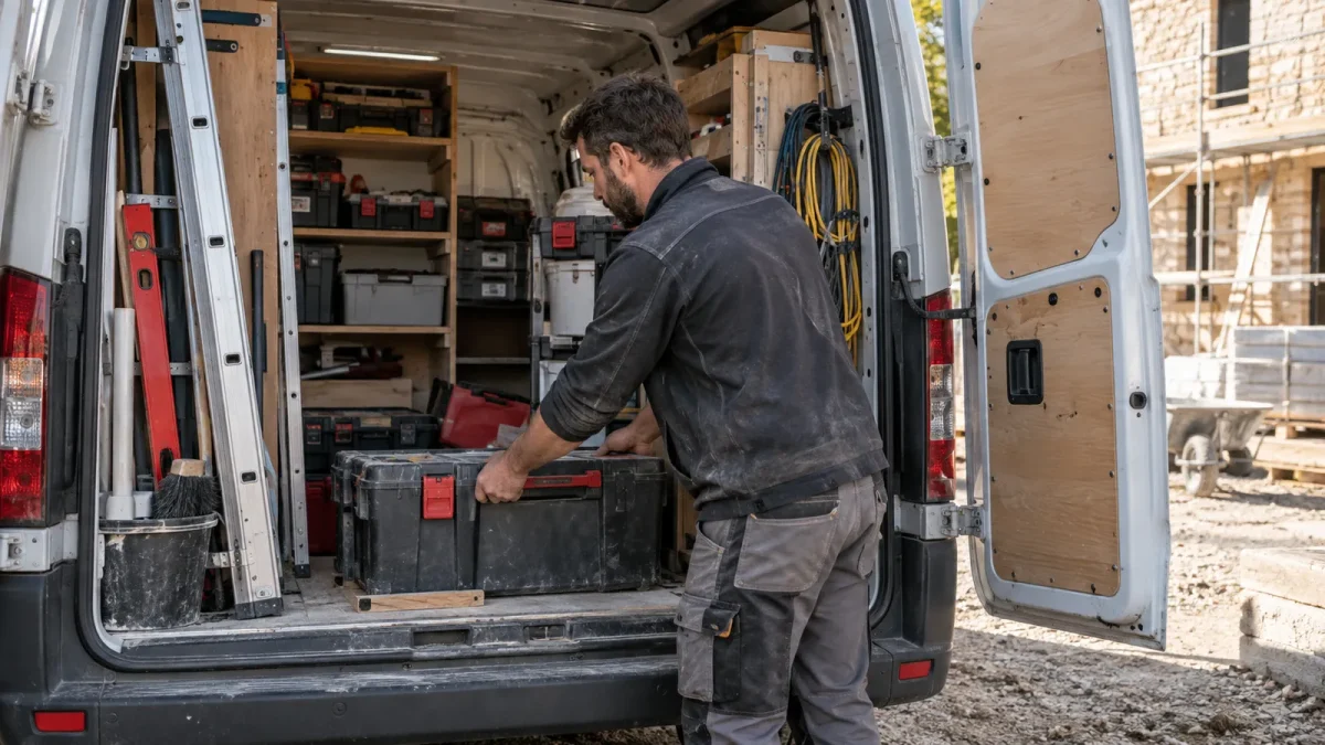 Un artisan organise outils et caisses dans un fourgon ouvert.