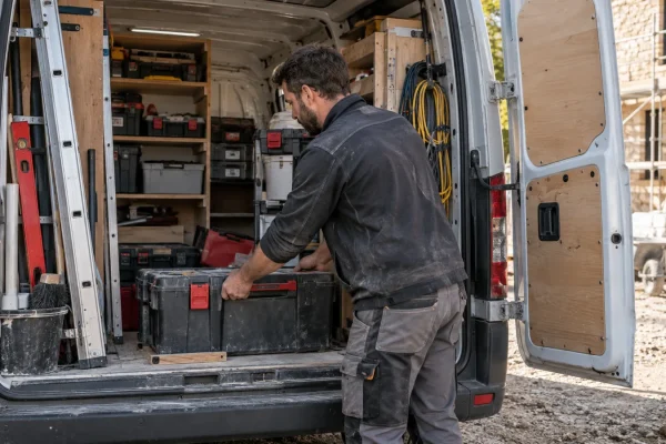Un artisan organise outils et caisses dans un fourgon ouvert.