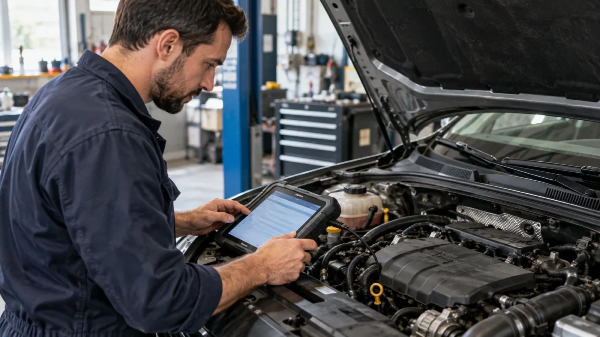Un mécanicien lit un outil de diagnostic connecté à une voiture.
