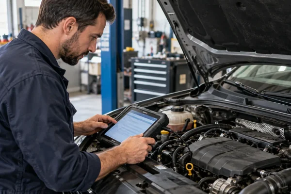 Un mécanicien lit un outil de diagnostic connecté à une voiture.