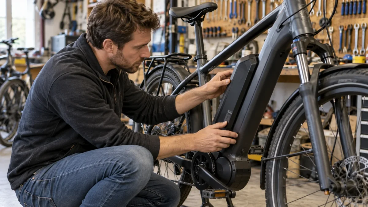 Un acheteur examine un vélo électrique d’occasion dans un atelier de cycles.