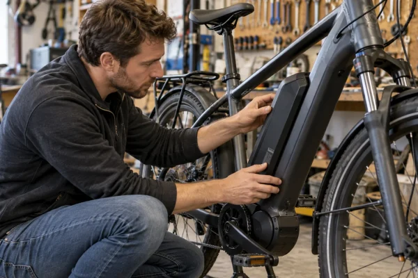 Un acheteur examine un vélo électrique d’occasion dans un atelier de cycles.
