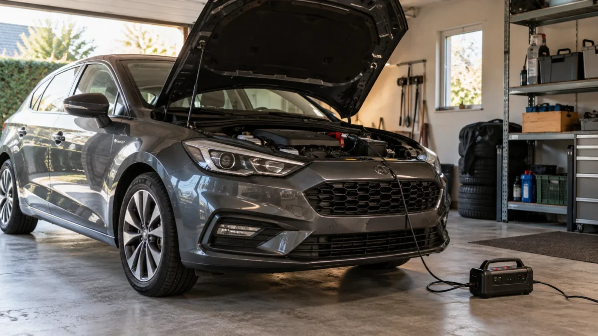 Une voiture propre est stationnée dans un garage ventilé avec un mainteneur de charge adapté.