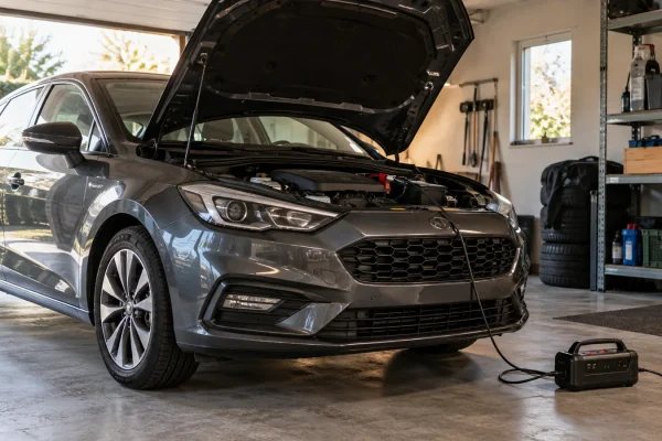 Une voiture propre est stationnée dans un garage ventilé avec un mainteneur de charge adapté.