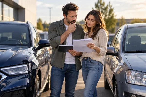 Un couple compare des documents budgétaires entre deux véhicules stationnés.